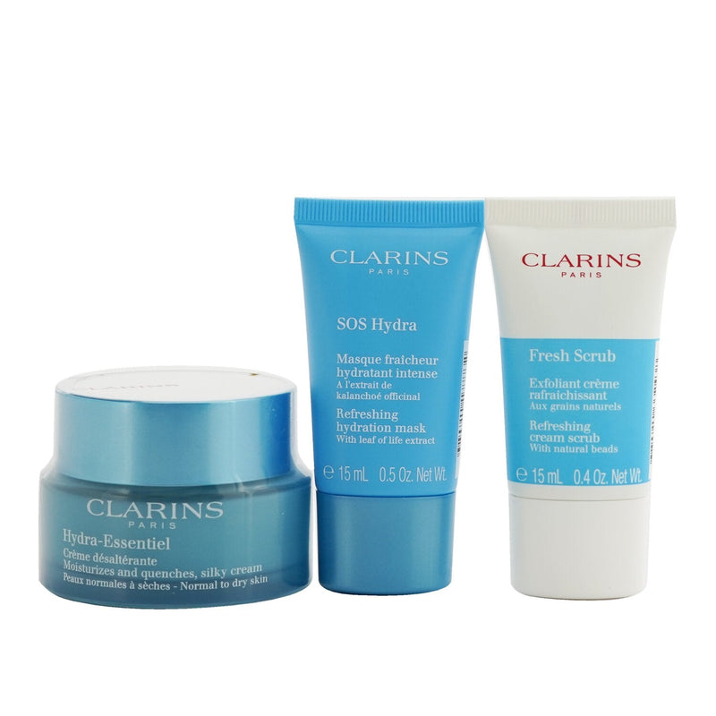 Clarins Hydration Essentials Gift Set: Hydra-Essentiel Silky Cream 50ml+ Fresh Scrub 15ml+ SOS Hydra Mask 15ml+ Pouch (Unboxed)  3pcs+1pouch