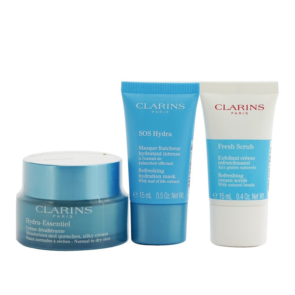 Clarins Hydration Essentials Gift Set: Hydra-Essentiel Silky Cream 50ml+ Fresh Scrub 15ml+ SOS Hydra Mask 15ml+ Pouch (Unboxed)  3pcs+1pouch