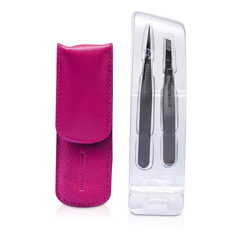 Tweezerman Petite Tweeze Set: Slant Tweezer + Point Tweezer - With Pink Leather Case (Studio Collection) 