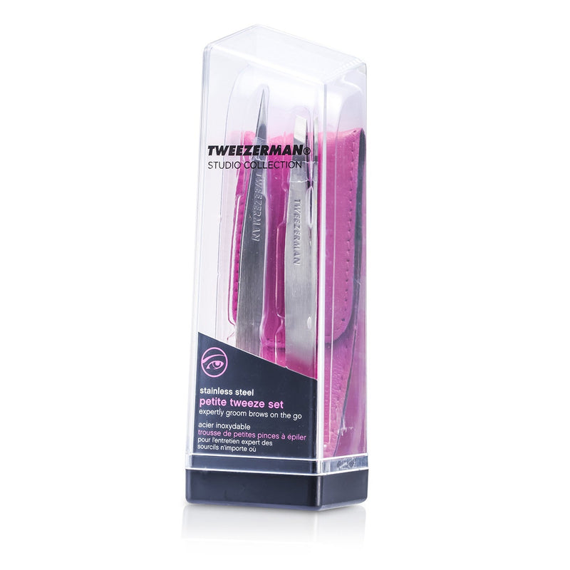 Tweezerman Petite Tweeze Set: Slant Tweezer + Point Tweezer - With Pink Leather Case (Studio Collection) 