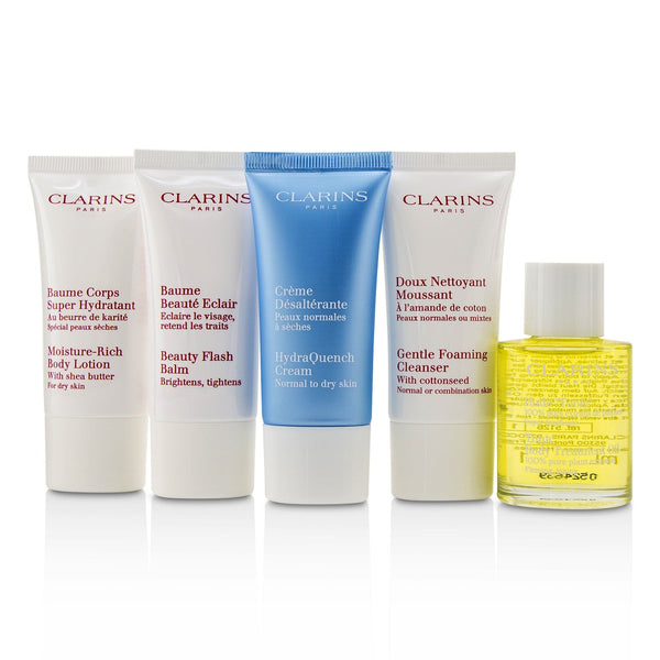 Clarins French Beauty Box: 1x Cleanser 30ml, 1x HydraQuench Cream 30ml, 1x Beauty Flash Balm 30ml, 1x Body Treatment Oil, 1x B/L 