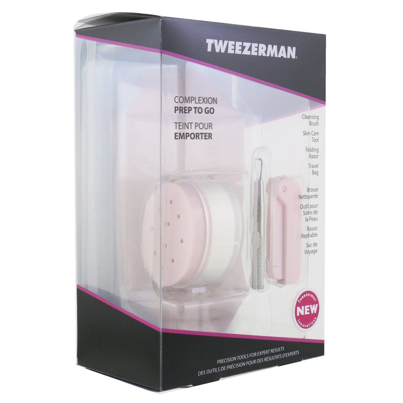 Tweezerman Complexion Prep To Go Set: Cleansing Brush + Skin Care Tool + Folding Razor + Travel Bag 