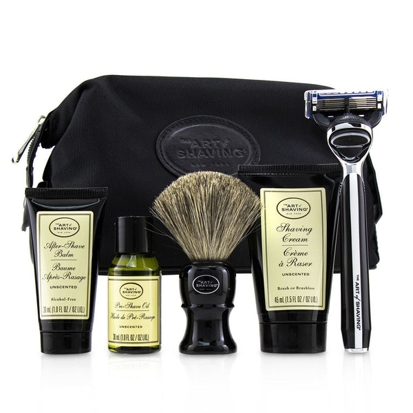 The Art Of Shaving The Four Elements of The Perfect Shave Set with Bag - Unscented: Pre Shave Oil + Shave Crm + A/S Balm + Brush + Razor  5pcs+1Bag