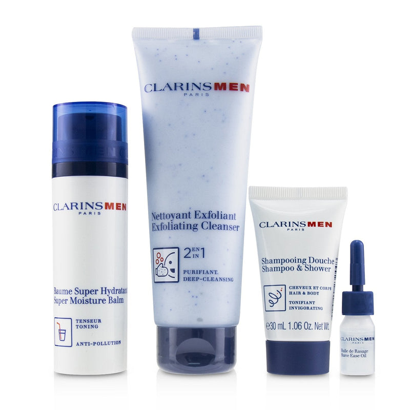 Clarins Men Everyday Heroes Set: 1x Exfoliating Cleanser 125ml + 1x Super Moisture Balm 50ml + Shampoo & Shower 30ml + Shave Ease 3ml 