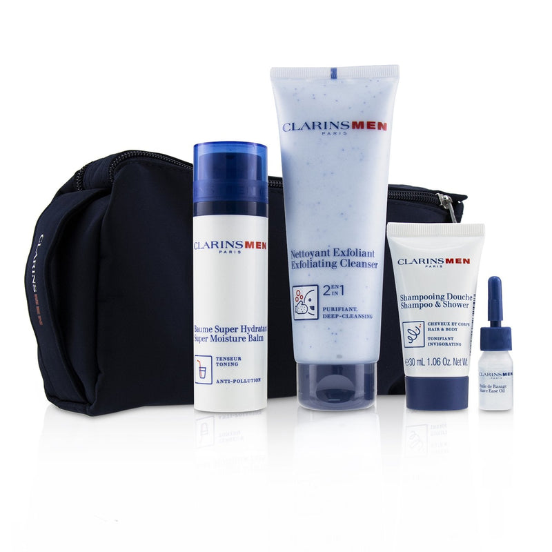 Clarins Men Everyday Heroes Set: 1x Exfoliating Cleanser 125ml + 1x Super Moisture Balm 50ml + Shampoo & Shower 30ml + Shave Ease 3ml 