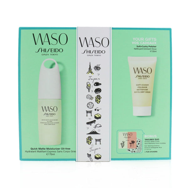 Shiseido Waso Quick Matte Moisturizer Oil-Free Set: Quick Matte Moisturizer 75ml + Soft+Cushy Polisher 30ml + Eye Opening Essence 0.3ml + Poreless Matte Primer 0.3ml 