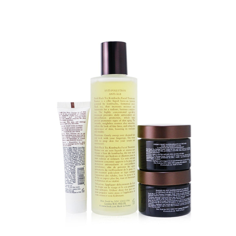 Fresh Black Tea Firming Beauty Bundle Set: Soy Face Cleanser - 20ml/0.6oz + Black Tea Kombucha Facial Treatment Essence - 150ml/5oz +  Black Tea Firming Overnight Mask - 30ml/1oz + Black Tea Firming Corset Cream - 30ml/1oz 