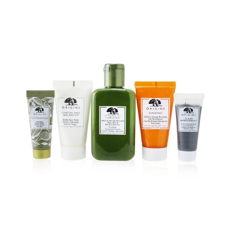 Origins Best Sellers Best Skin 5-Pieces Set: Soothing Treatment Lotion 100ml + Gel Moisturizer 30ml +  Face Wash 30ml + Serum 15ml + Charcoal Mask 15ml  5pcs+1bag