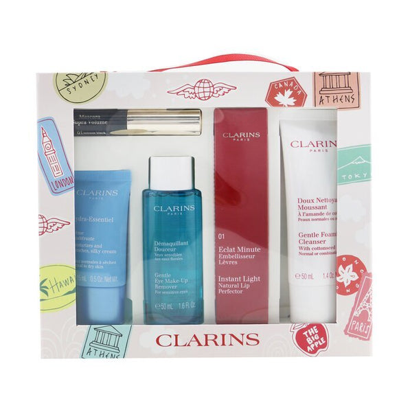 Clarins With Love From Suitcase Set (1x Eclat Minute Instant Light Natural Lip Perfector 01, 1x Gentle Foaming Cleanser, 1x Gentle Eye Makeup Remover, 1x Cream, 1x Supra Volume Mascara) 5pcs