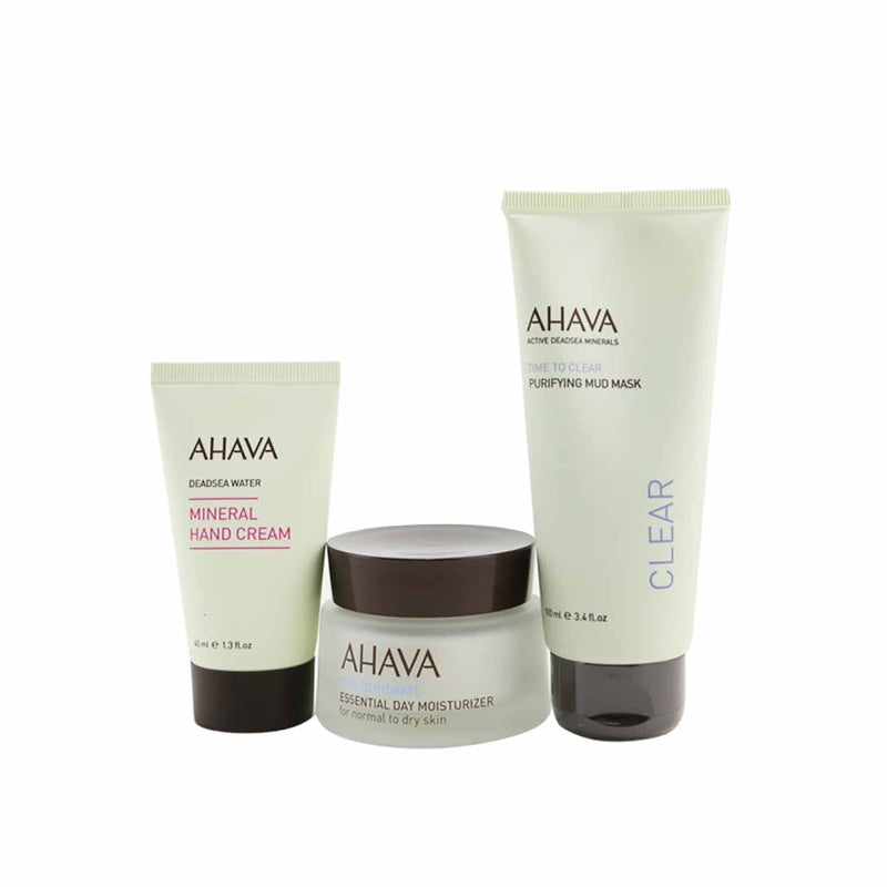 Ahava Everyday Mineral Essentials Set: Essential Day Moisturizer 50ml+ Purifying Mud Mask 100ml+ Mineral Hand Cream 40ml+ Bag 