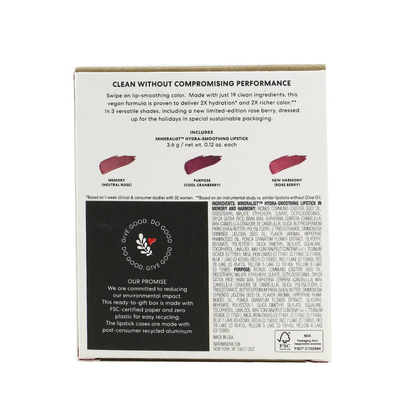 BareMinerals Full Size Mineralist Hydra Smoothing Lipstick Trio (Memory, Purpose, New Harmony)  3x3.6g/0.12oz
