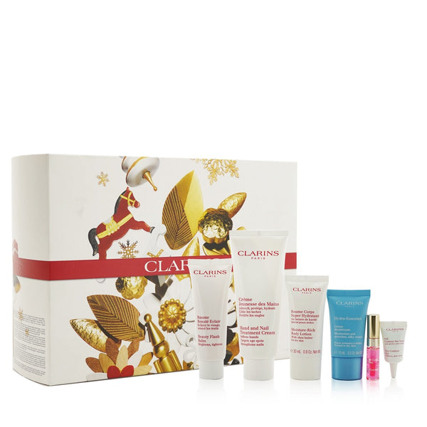 Clarins Weekend Essentials: Hand & Nail Treatment+ Beauty Flash Balm+ Body Lotion+ Hydra-Essentiel Cream+ Eye Contour Gel+ Lip Oil... 