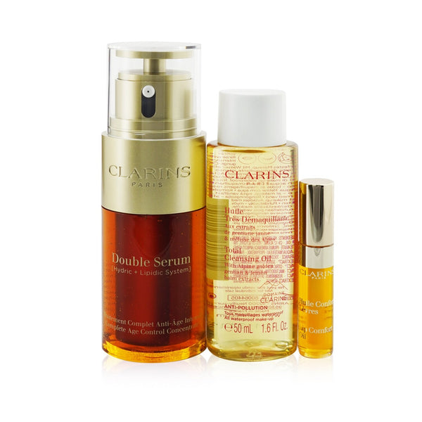 Clarins Double Serum Edit Set: Double Serum 30ml+ Total Cleansing Oil 50ml+ Lip Comfort Oil #01 2.8ml + Bag  3pcs+1bag