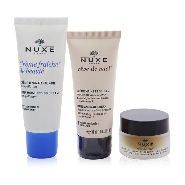 Nuxe Moisture Me Kit: Creme Fraiche De Beaute 48Hr Moisturising Cream 30ml + Reve De Miel Honey Lip Balm 15g + Reve De Miel Hand & Nail Cream 30ml  3pcs