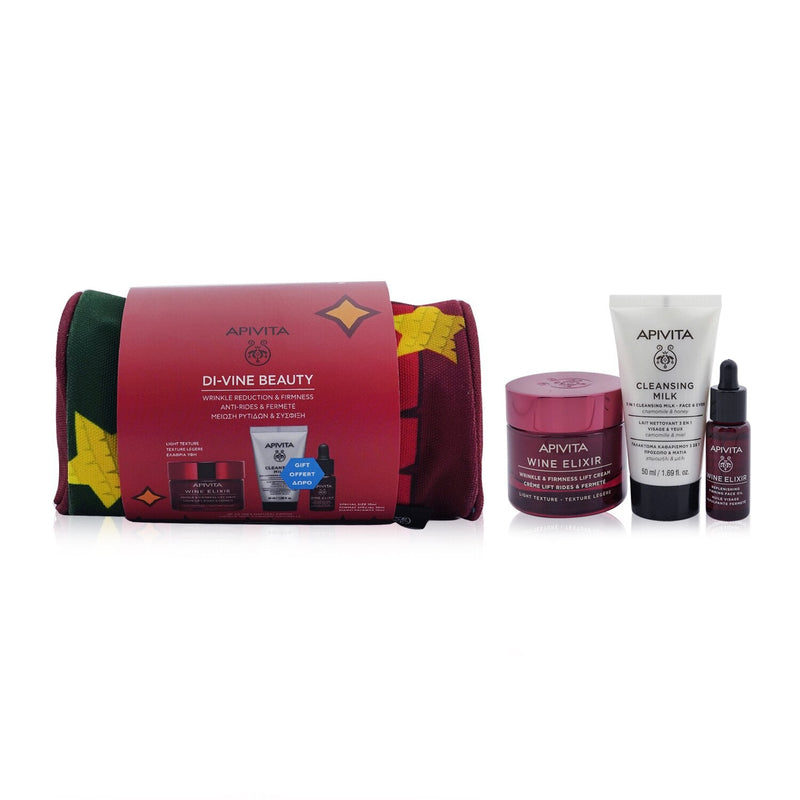 Apivita Di-Vine Beauty (Wine Elixir- Light Texture) Gift Set: Wrinkle Lift Cream 50ml+ Face Oil 10ml+ Cleansing Milk 50ml+Pouch  3pcs+1pouch