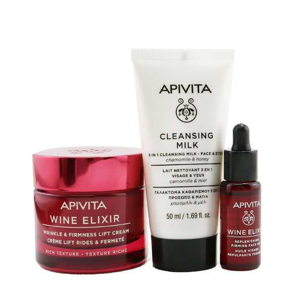 Apivita Di-Vine Beauty (Wine Elixir- Rich Texture) Gift Set: Wrinkle Lift Cream 50ml+ Face Oil 10ml+ Cleansing Milk 50ml+ Pouch  3pcs+1pouch
