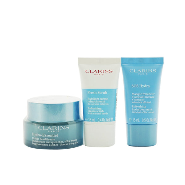 Clarins Hydration Collection: Hydra-Essentiel Silky Cream 50ml+ Fresh Scrub 15ml+ SOS Hydra Mask 15ml+ Pouch  3pcs+1pouch