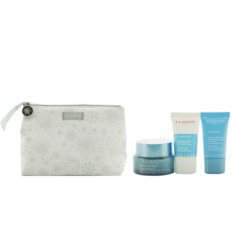 Clarins Hydration Collection: Hydra-Essentiel Silky Cream 50ml+ Fresh Scrub 15ml+ SOS Hydra Mask 15ml+ Pouch  3pcs+1pouch