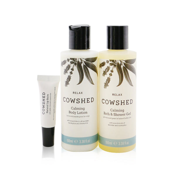 Cowshed Relax Calming Essentials Set: Natural Lip Balm 5ml+ Bath & Shower Gel 100ml+ Body Lotion 100ml+ Bag  3pcs+1bag