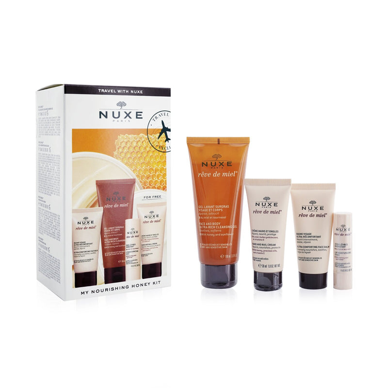 Nuxe My Nourishing Honey Kit: Reve De Miel Face Balm 30ml + Reve De Miel Face & Body Cleansing Gel 100ml + Reve De Miel Lip Moisturizing Stick 4g + Reve De Miel Hand Cream 30ml  4pcs