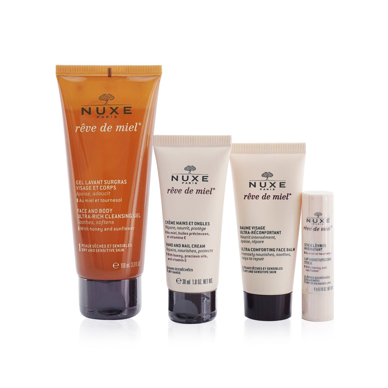 Nuxe My Nourishing Honey Kit: Reve De Miel Face Balm 30ml + Reve De Miel Face & Body Cleansing Gel 100ml + Reve De Miel Lip Moisturizing Stick 4g + Reve De Miel Hand Cream 30ml  4pcs