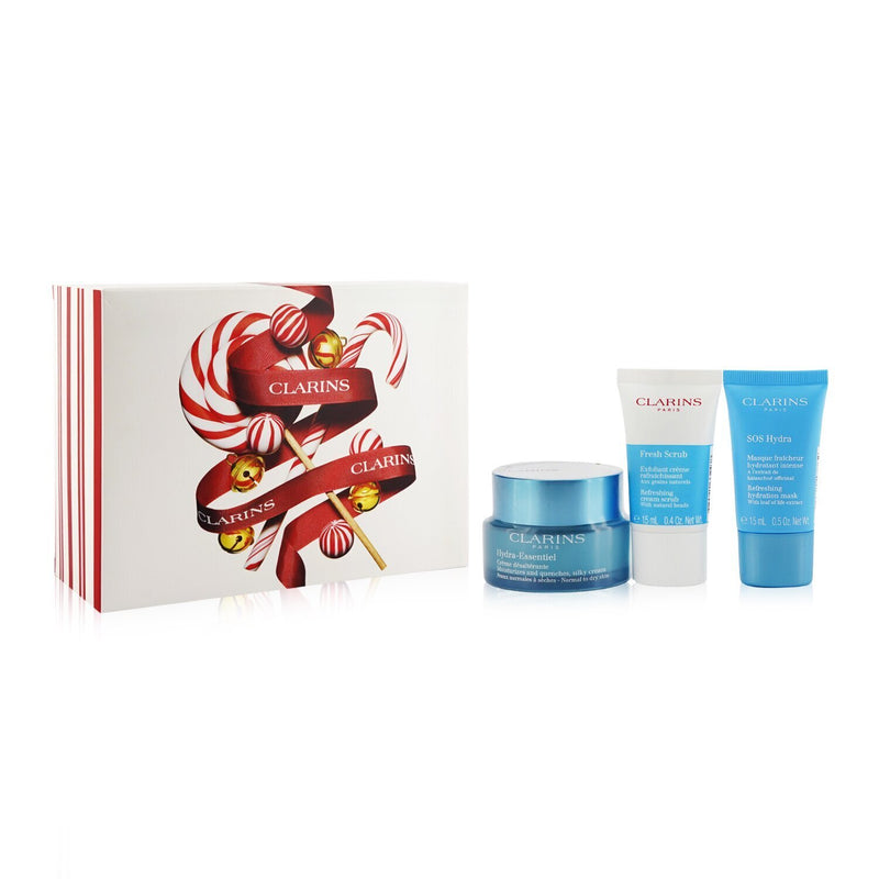 Clarins Hydration Essentials Gift Set: Hydra-Essentiel Silky Cream 50ml+ Fresh Scrub 15ml+ SOS Hydra Mask 15ml+ Pouch  3pcs+1pouch