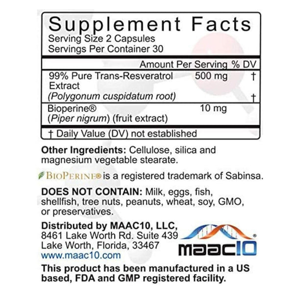 MAAC10 USA MAAC10 Trans Resveratrol 500mg - 60pcs  60pcs/box