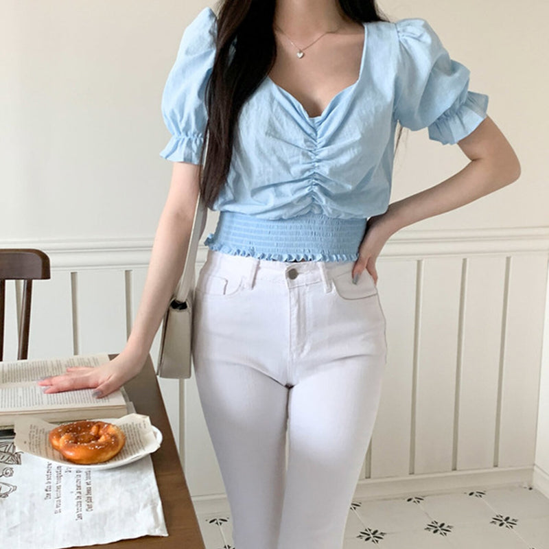 Trendywhere Shirring Puff Sleeve Crop Top  Free (XS-M)