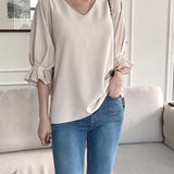 Trendywhere V-Neck Loose Fit Ruffle Blouse  Free (XS-L)