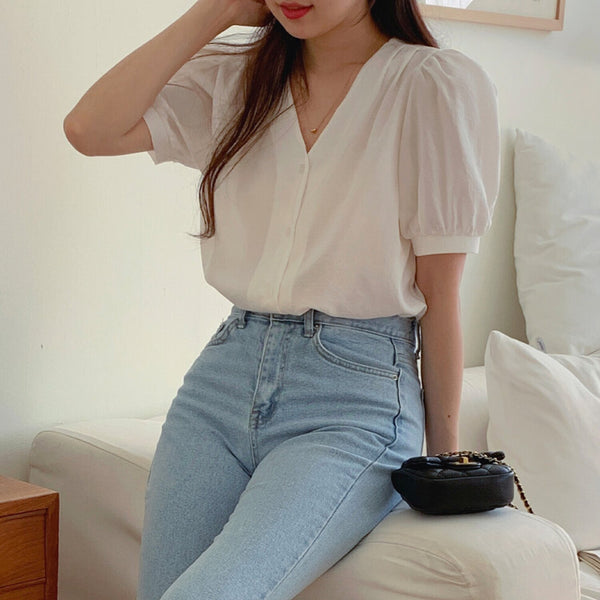 Trendywhere V-Neck Puff Sleeve Blouse  Free (XS-M)