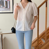 Trendywhere V-Neck Puff Sleeve Blouse  Free (XS-M)