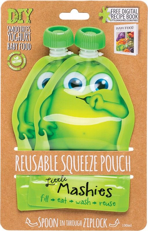 Little Mashies Reusable Squeeze Pouch Green 2 X 130ml