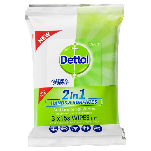 Dettol 2 in1 Hands & Surfaces Anti-Bacterial Wipes 45 Wipes