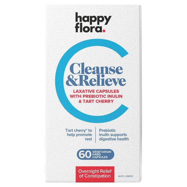 Happy Flora Cleanse & Relieve Laxative Capsules with Prebiotic Inulin & Tart Cherry 60 pack