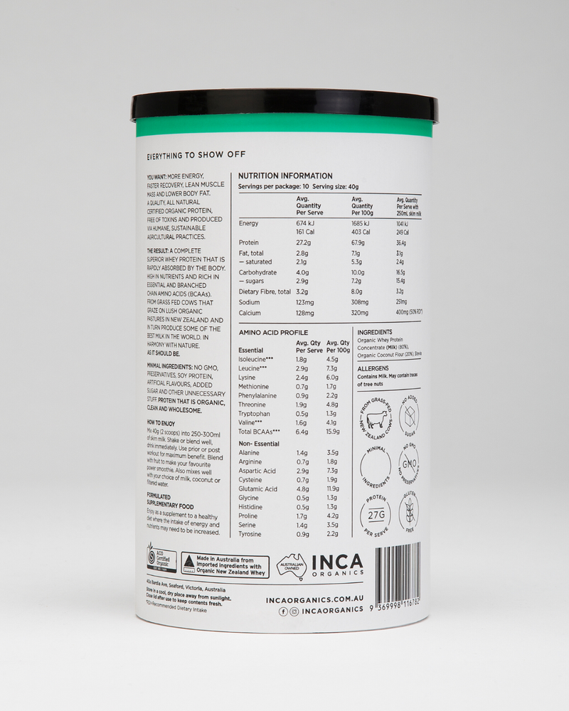 INCA Organics Organic Whey + Coconut Protein Powder 400g