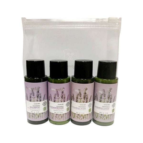 Ausganica Hair & Body Travel Kit Soothing Lavender 30ml x 4 Pack (Shampoo, Conditioner, Wash & Lotion)
