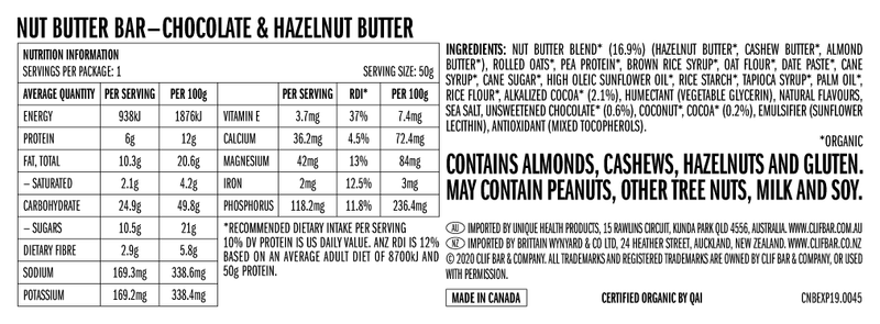 CLIF Nut Butter Bar Chocolate & Hazelnut Butter 50g