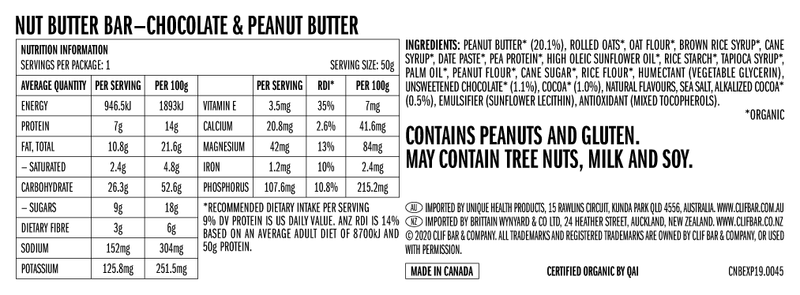 CLIF Nut Butter Bar Chocolate & Peanut Butter 50g