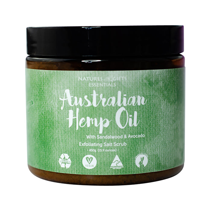 Clover Fields Natures Gifts Australian Hemp Oil with Sandalwood & Avocado Exfol. Salt Scrub 450g