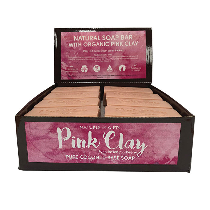 Clover Fields Natures Gifts Pink Clay with Rosehip & Peony Coconut-Base Soap 150g x 16 Display