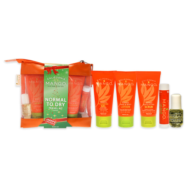 California Mango Mango to Go Travel Kit - Normal to Dry Skin by California Mango for Unisex - 6 Pc 2.2oz Exfoliating Scrub, 2.2oz Cleansing Gel, 2.2oz Hand and Body Lotion, 0.15oz Lip Balm SPF 15, 0.13oz Magic Cuticle Oil, Travel Bag