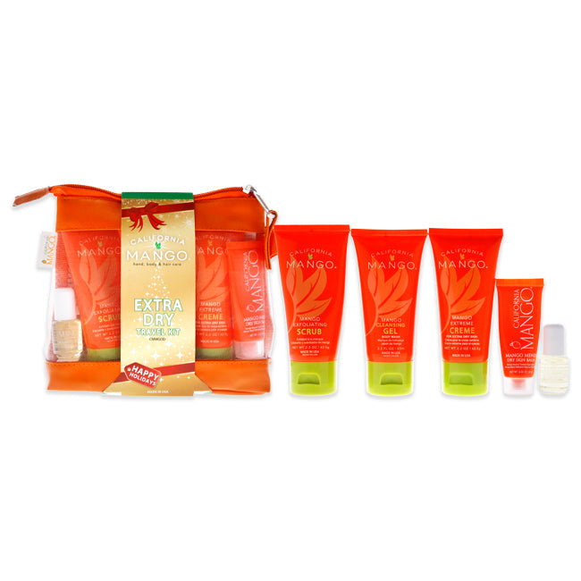 California Mango Mango to Go Travel Kit - Extra Dry Skin by California Mango for Unisex - 6 Pc 2.2oz Exfoliating Scrub, 2.2oz Cleansing Gel, 2.2oz Extreme Creme, 0.5oz Mango Mend, 0.13 oz Magic Cuticle Oil, Travel Bag