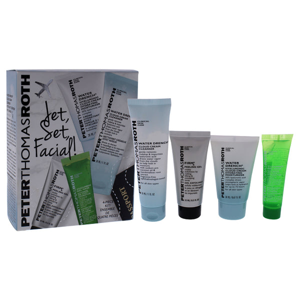 Peter Thomas Roth Jet Set Facial by Peter Thomas Roth for Unisex - 4 Pc Kit 0.5oz Firmx Peeling Gel, 0.47oz Cucumber Gel Mask Extreme De-Tox Hydrator, 1oz Water Drench Cloud Cream Cleanser, 0.67oz Water Drench Hylauronic Cloud Cream Hydrating Moisturizer
