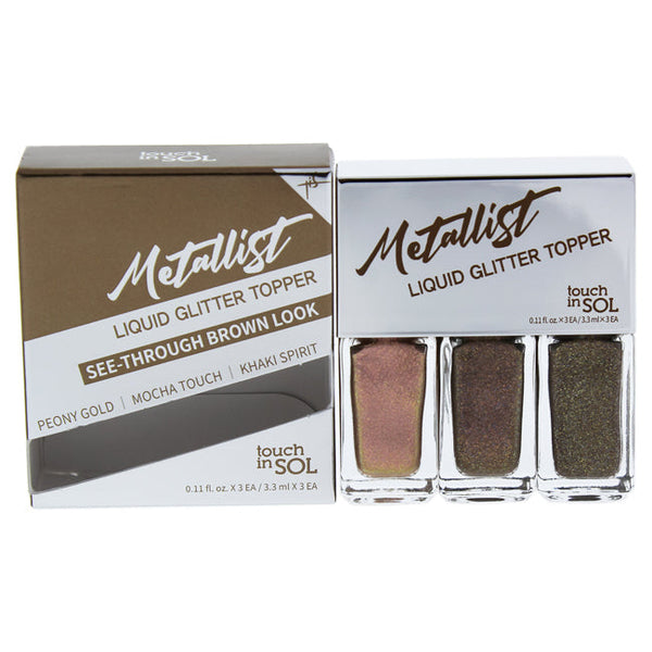 Touch In Sol Metallist Liquid Glitter Topper Trio - 02 SeeThrough Brown Look by Touch In Sol for Women - 3 x 0.11 Eye Shadow Peony Gold, Mocha Touch, Khaki Spirit