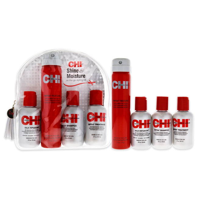 CHI Shine and Moisture On The Go Styling Kit by CHI for Unisex - 4 Pc 2.6oz Infra Texture Dual Action Hair Spray, 2.6oz Infra Shampoo, 2oz Infra Thermal Protective Treatment, 2oz Silk Infusion Reconstructing Complex