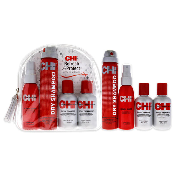 CHI Refresh and Protect Kit by CHI for Unisex - 4 Pc 2oz Iron Guard 44, 2.6oz Dry Shampoo, 2oz Infra Treatment, 2oz Infra Shampoo