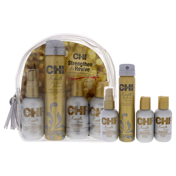 CHI Strengthen and Revive On The Go Styling Kit by CHI for Unisex - 4 Pc 2oz Keratin Shampoo, 2oz Keratin Conditioner, 2oz Keratin Leave-In Conditioner, 2.6oz Keratin Flex Finish Hair Spray