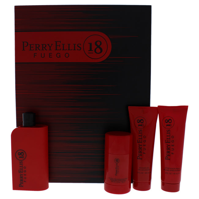 Perry Ellis Perry Ellis 18 Fuego by Perry Ellis for Men - 4 Pc Gift Set 3.4oz EDT Spray, 3oz Shower Gel, 3oz After Shave Balm, 2.75oz Deodrant Stick