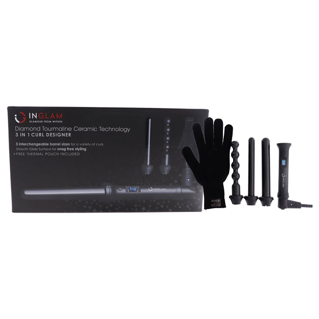 Inglam 3-In-1 Curl Iron Designer Kit - HTA 015DB Black by Inglam for Unisex - 3 Pc 1 Inch Barrel, 0.75 Inch Barrel, 1 Bubble Barrel