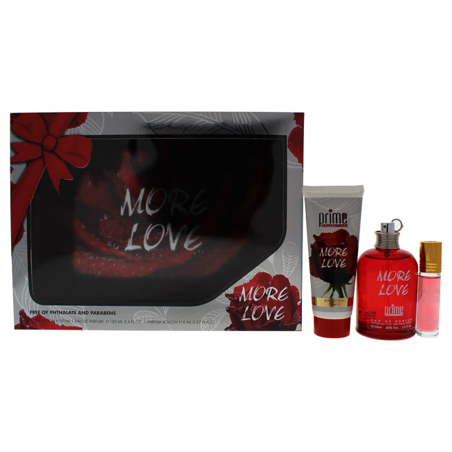 Prime Collection More Love by Prime Collection for Women - 3 Pc Gift Set 3.4oz EDP Spray, 0.27oz Perfume Rollerball, 1.7oz Body Lotion